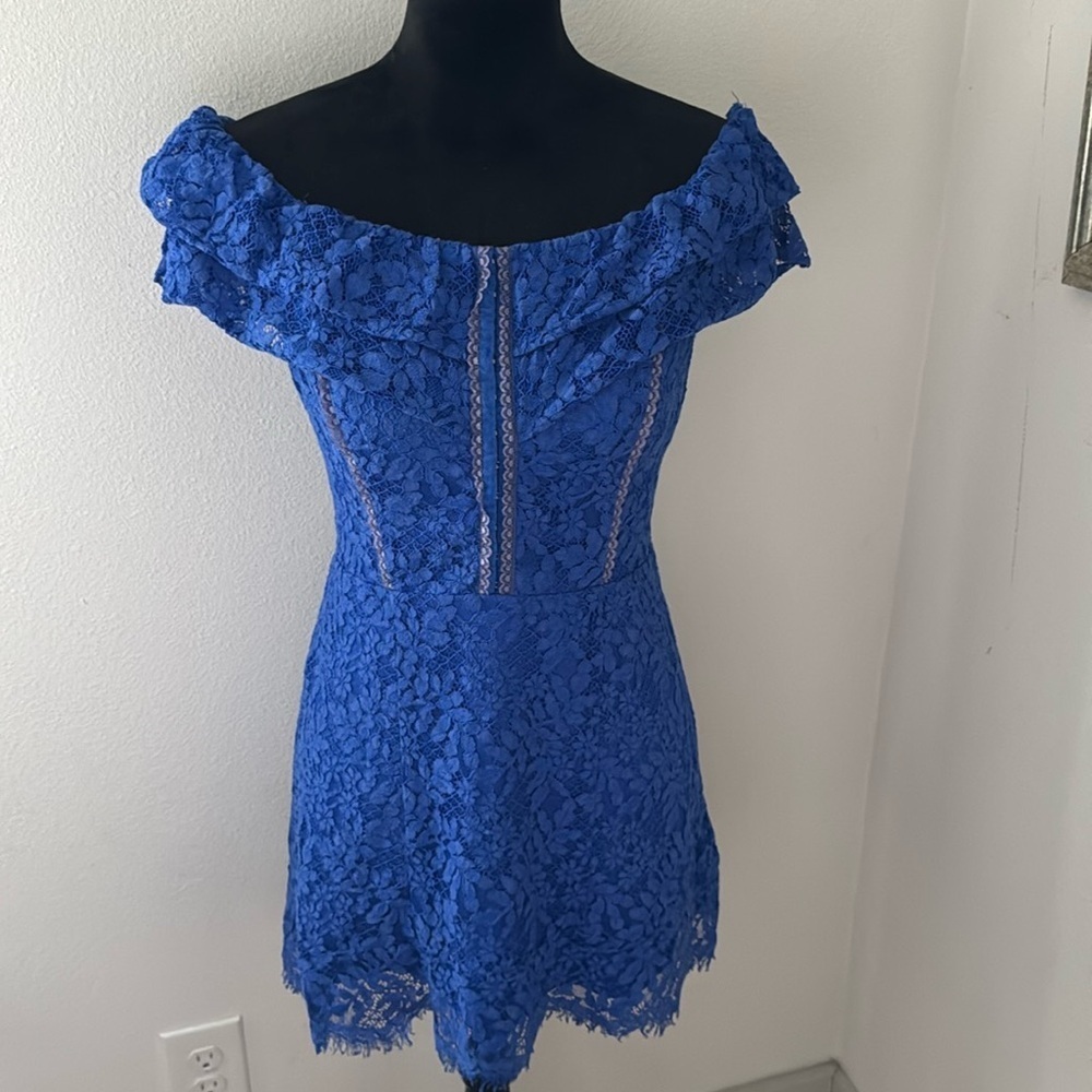Bebe Royal blue lace corset style ruffle off shoulder fit‎ & flare mini dress 8